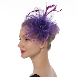 Purple Color Fascinator Hat for Women Tea Party Wedding Kenturky Derby Headband, 1920s Fascinator Hat with Veil Pillbox Hat TF-1901