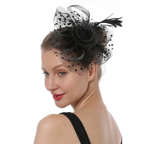 Black Color Fascinator Hat for Women Tea Party Wedding Kentucky Derby Headband, 1920s Fascinator Hat with Veil Pillbox Hat TF-1901