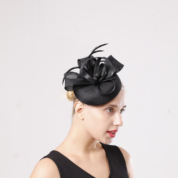 Black Color Fascinator Hat for Women Tea Party Wedding Kenturky Derby Headband, 1920s Fascinator Hat with Veil Pillbox Hat TF-1905
