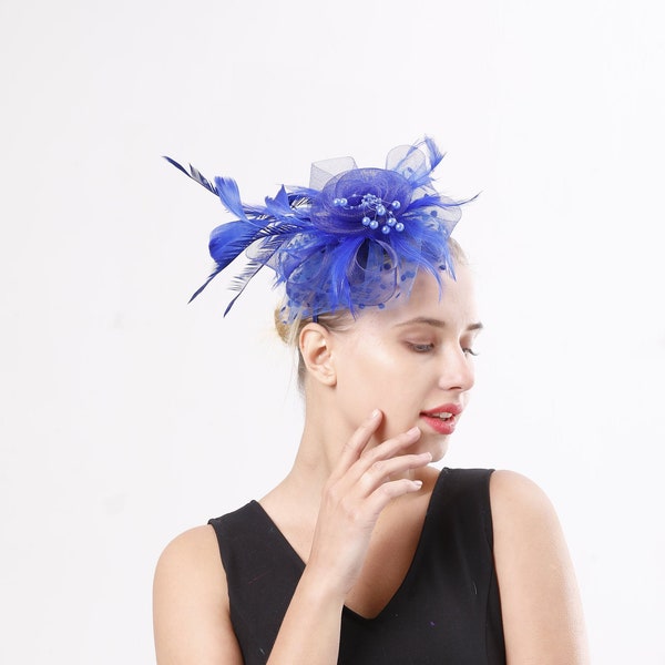 Royal Blue Fascinator Hat for Women Tea Party Wedding Kenturky Derby Headband, 1920s Fascinator Hat with Veil Pillbox Hat TF-1901