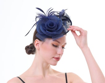 Marine Farbe Fascinator Hut für Frauen Tea Party Hochzeit Kenturky Derby Stirnband, 1920er Fascinator Hut mit Schleier Pillbox Hut TF-1914