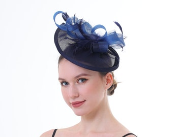 Navy Color Fascinator Hat for Women Tea Party Wedding Kenturky Derby Headband, 1920s Fascinator Hat with Veil Pillbox Hat -- 1915