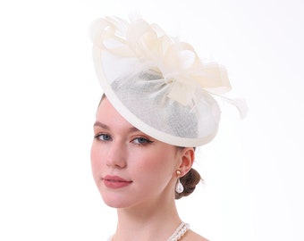 Beige Color Fascinator Hat for Women Tea Party Wedding Kenturky Derby Headband, 1920s Fascinator Hat with Veil Pillbox Hat -- 1915