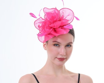 Cappello Fascinator di colore rosa caldo per le donne Tea Party Matrimonio Kenturky Derby Cerchietto, Cappello Fascinator anni '20 con velo Cappello pillbox - 1916