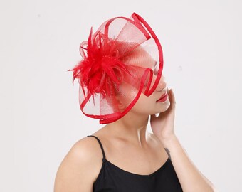Red Color Fascinator Hat for Women Tea 