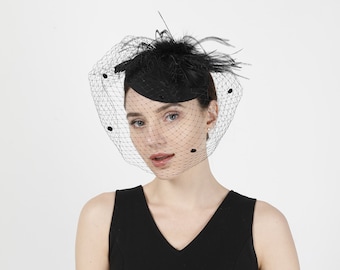 Black Color Fascinator Hat for Women Tea Party Wedding Kenturky Derby Headband, 1920s Fascinator Hat with Veil Pillbox Hat TF-1906