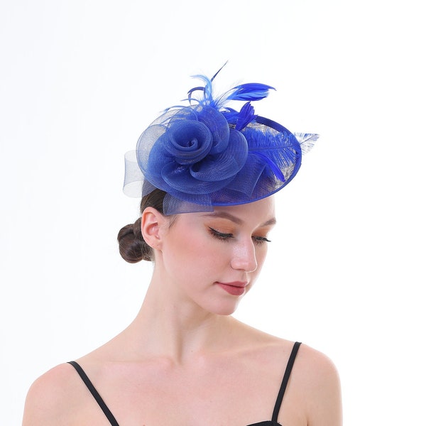 Royal Blue Color Fascinator Hat for Women Tea Party Wedding Kenturky Derby Headband, 1920s Fascinator Hat with Veil Pillbox Hat TF-1914