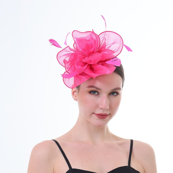 Chapeau de fascinateur de couleur rose chaud pour les femmes Tea Party mariage Kenturky Derby bandeau, chapeau de fascinateur des années 1920 avec chapeau de pilulier de voile -- 1916