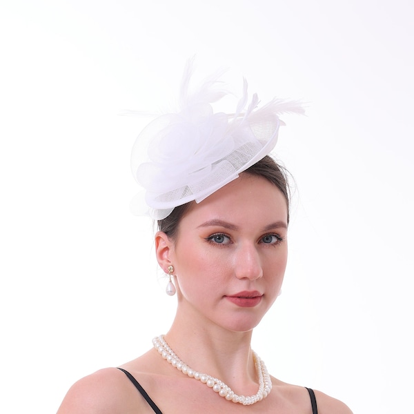 White Color Fascinator Hat for Women Tea Party Wedding Kenturky Derby Headband, 1920s Fascinator Hat with Veil Pillbox Hat TF-1914