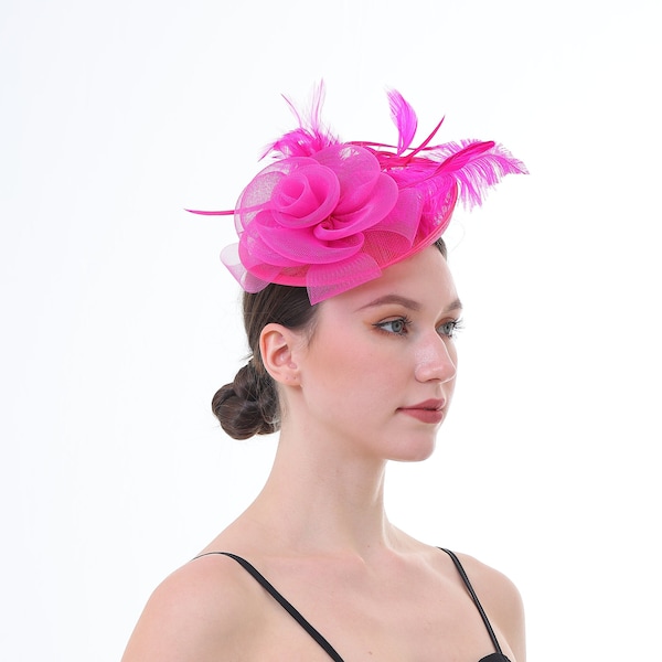 Hot Pink Color Fascinator Hat for Women Tea Party Wedding Kenturky Derby Headband, 1920s Fascinator Hat with Veil Pillbox Hat TF-1914