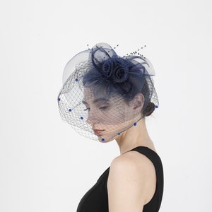 Navy Color Fascinator Hat for Women Tea Party Wedding Kenturky Derby Headband, 1920s Fascinator Hat with Veil Pillbox Hat TF-1902
