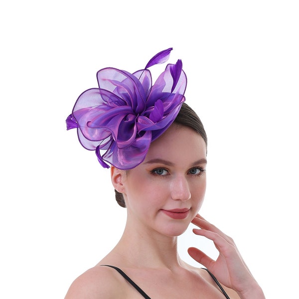 Purple Color Fascinator Hat for Women Tea Party Wedding Kenturky Derby Headband, 1920s Fascinator Hat with Veil Pillbox Hat -- 1916