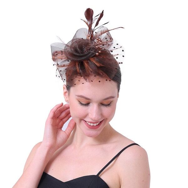 Brown Color Fascinator Hat for Women Tea Party Wedding Kentucky Derby Headband, 1920s Fascinator Hat with Veil Pillbox Hat TF-1901