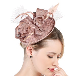 Champin Color Fascinator Hat for Women Tea Party Wedding Kenturky Derby Headband, 1920s Fascinator Hat with Veil Pillbox Hat--H