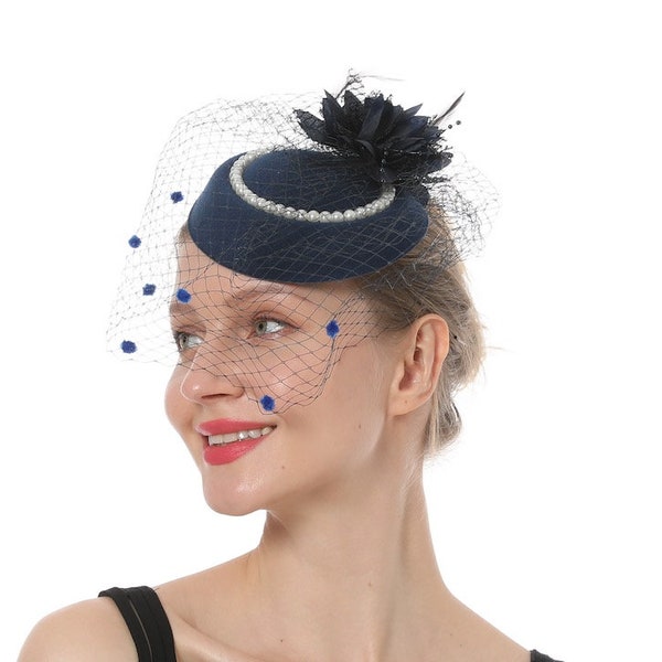 Navy Color Fascinator Hat for Women Tea Party Wedding Kenturky Derby Headband, 1920s Fascinator Hat with Veil Pillbox Hat TF-1907