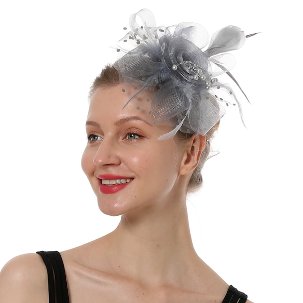 Grey Fascinator Hat for Women Tea Party Wedding Kenturky Derby Headband, 1920s Fascinator Hat with Veil Pillbox Hat TF-1901