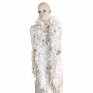 White w/ Gold Tinsel 80 Gram Chandelle Feather Boa, 2 Yard Long-Great for Party, Wedding, Costume