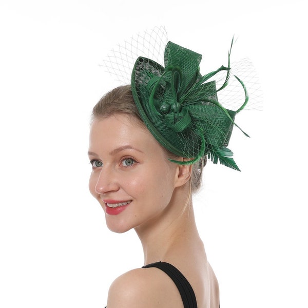 Green Color Fascinator Hat for Women Tea Party Wedding Kenturky Derby Headband, 1920s Fascinator Hat with Veil Pillbox Hat--1913