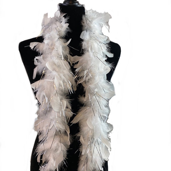 White w/ silver Tinsel 25 Gram, 4 Feet Long Chandelle Feather Boa, Great for Party, Wedding, Halloween Costume, Christmas Tree, Decoration
