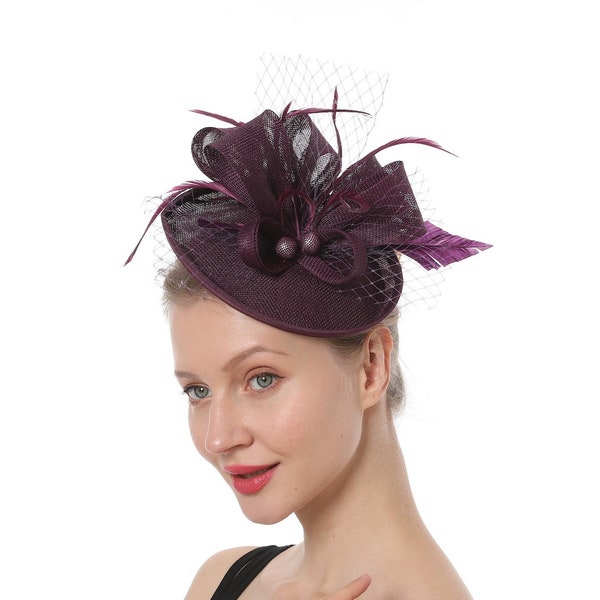 Dark Purple Color Fascinator Hat for Women Tea Party Wedding Kenturky Derby Headband, 1920s Fascinator Hat with Veil Pillbox Hat -- 1913