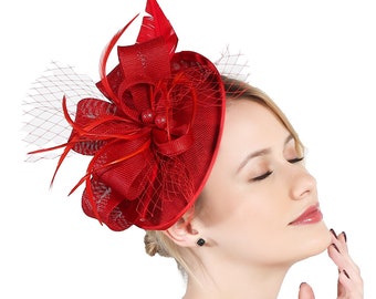 Sombrero tocado de color rojo para mujer Fiesta de té Boda Kenturky Derby Diadema, Tocado de los años 20 con velo Pillbox Hat - H