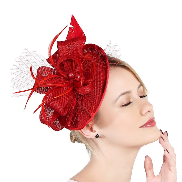 Red Color Fascinator Hat for Women Tea Party Wedding Kenturky Derby Headband, 1920s Fascinator Hat with Veil Pillbox Hat -- H