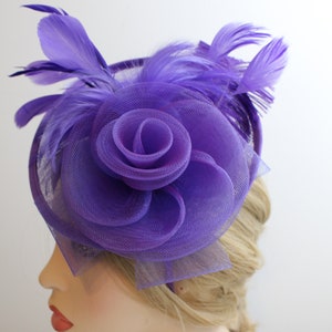 Purple Color Fascinator Hat for Women Tea Party Wedding Kenturky Derby Headband, 1920s Fascinator Hat with Veil Pillbox HatF image 1