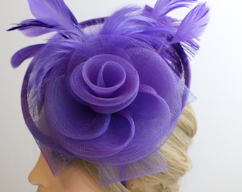 Purple Color Fascinator Hat for Women Tea Party Wedding Kenturky Derby Headband, 1920s Fascinator Hat with Veil Pillbox Hat--F