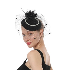 Black Color Fascinator Hat for Women Tea Party Wedding Kenturky Derby Headband, 1920s Fascinator Hat with Veil Pillbox Hat TF-1907