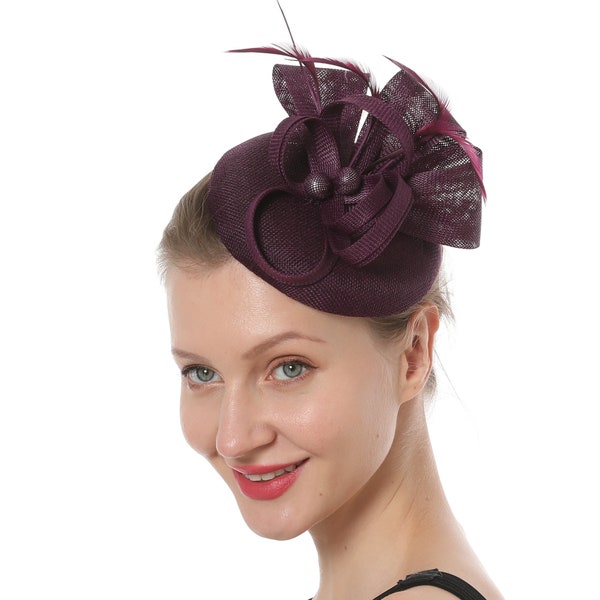 Dark Purple Color Fascinator Hat for Women Tea Party Wedding Kenturky Derby Headband, 1920s Fascinator Hat with Veil Pillbox Hat TF-1905