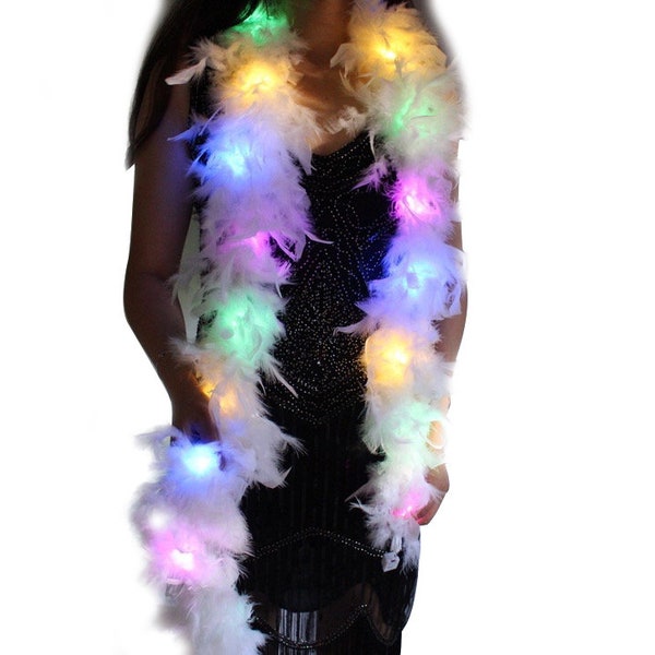 White w/ Colorful LED Lights 55 Gram Chandelle Feather Boa, 2 Yard Long-Great for Party, Wedding,  Halloween Costume Decoration