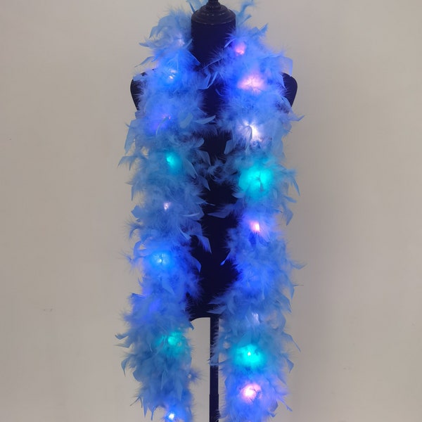 Baby Blue w/ Colorful LED Lights 55 Gram Chandelle Feather Boa, 2 Yard Long-Great for Party, Wedding,  Halloween Costume Decoration