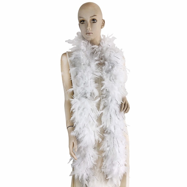 White w/ silver Tinsel 100 Gram Chandelle Feather Boa, 2 Yard Long-Great for Party, Wedding, Costume