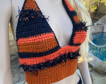 Orange and Black Crochet Bikini Halter Top Laced up