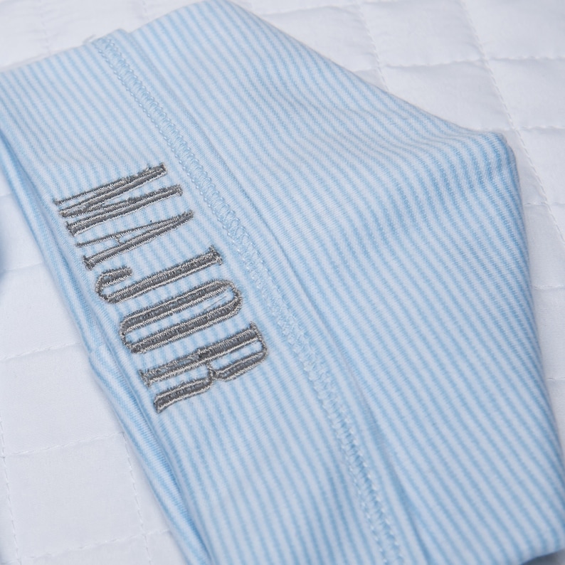 Hat /& Blanket Blue Mini Stripe Footie Name on Hat Blanket Traditional Monogram on Footie Engrave Font Baby Boy Take Me Home Outfit