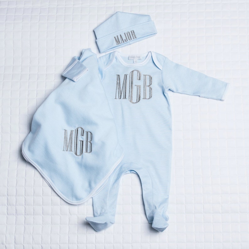 Hat /& Blanket Blue Mini Stripe Footie Name on Hat Blanket Traditional Monogram on Footie Engrave Font Baby Boy Take Me Home Outfit