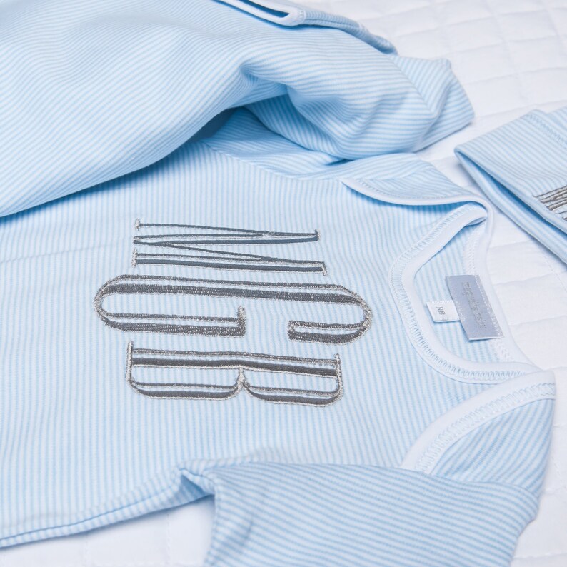 Hat /& Blanket Blue Mini Stripe Footie Name on Hat Blanket Traditional Monogram on Footie Engrave Font Baby Boy Take Me Home Outfit