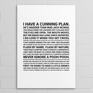 May include: Black and white printable wall art featuring a humorous quote about a cunning plan. The quote is written in a bold, sans-serif font and is centered on a white background.