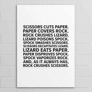 Rock, Paper, Scissors, Lizard Spock | Big Bang Theory Quotes (A5, A4, A3 poster or print)