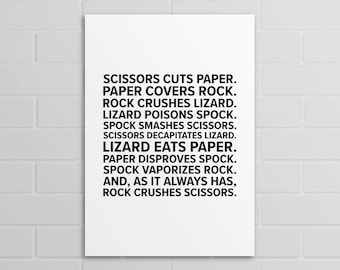 Rock, Paper, Scissors, Lizard Spock | Big Bang Theory Quotes (A5, A4, A3 poster or print)