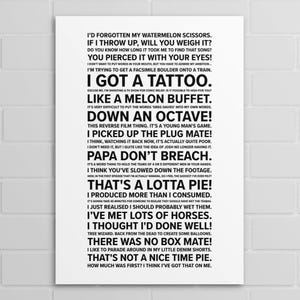 Peut inclure: Une affiche blanche avec du texte noir, présentant une série de phrases humoristiques. Le texte comprend des phrases comme "I got a tattoo" et "That's a lotta pie!" Le design est épuré et moderne, idéal pour la décoration intérieure.
