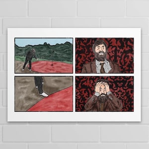 May include: A four-panel comic strip depicting a golf game. The first panel shows a golfer on a green. The second and fourth panels show a man with a beard. The third panel shows the golfer's feet.