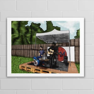 May include: A digital illustration of a musical duo performing on a wooden pallet stage under a white canopy. One person plays a blue drum set with a logo, while the other plays an acoustic guitar. A red circular logo with the letter M is visible.