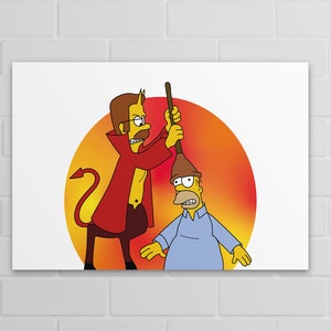 May include: A cartoon illustration of a yellow-skinned devil with a red cape and a pitchfork, attacking a yellow-skinned cartoon character with a broom.