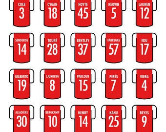 May include: A graphic illustration of the Arsenal Football Club team lineup for the 2003-2004 season, known as "The Invincibles". The image shows the players' jersey numbers and names, along with the manager and assistant manager.