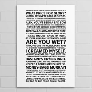 Peut inclure: Une affiche blanche avec du texte noir. L'affiche présente des citations et des phrases telles que "What Price for Glory?" et "Are You Wet?" Le design est minimaliste et axé sur le texte.
