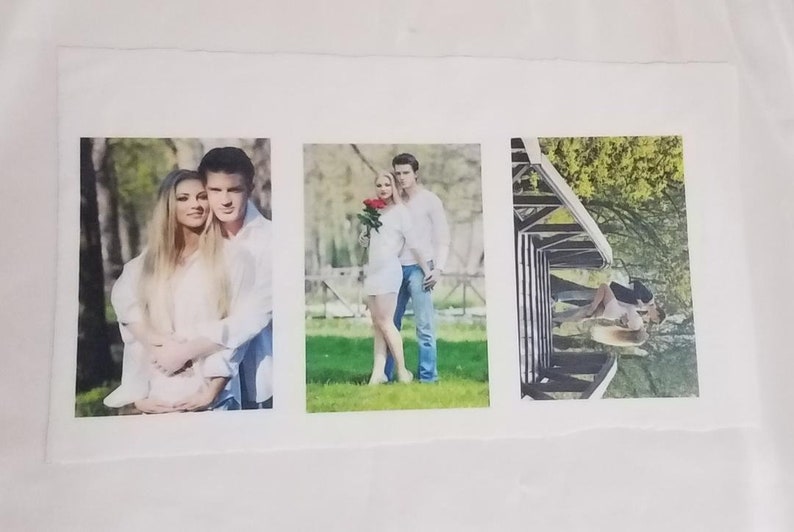 May include: A collage of three photos. The first photo shows a couple embracing in a park. The second photo shows a couple standing together in a park. The third photo shows a couple walking on a wooden bridge.