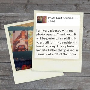 May include: A photo quilt square featuring a black and white photo of a young boy sitting on a woman's lap. The photo is framed with a blue and white floral fabric. The text "Photo Quilt Squares - ... $9.95" is visible in the upper right corner of the image.