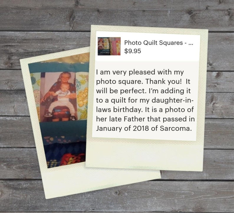 May include: A photo quilt square featuring a black and white photo of a young boy sitting on a woman's lap. The photo is framed with a blue and white floral fabric. The text "Photo Quilt Squares - ... $9.95" is visible in the upper right corner of the image.