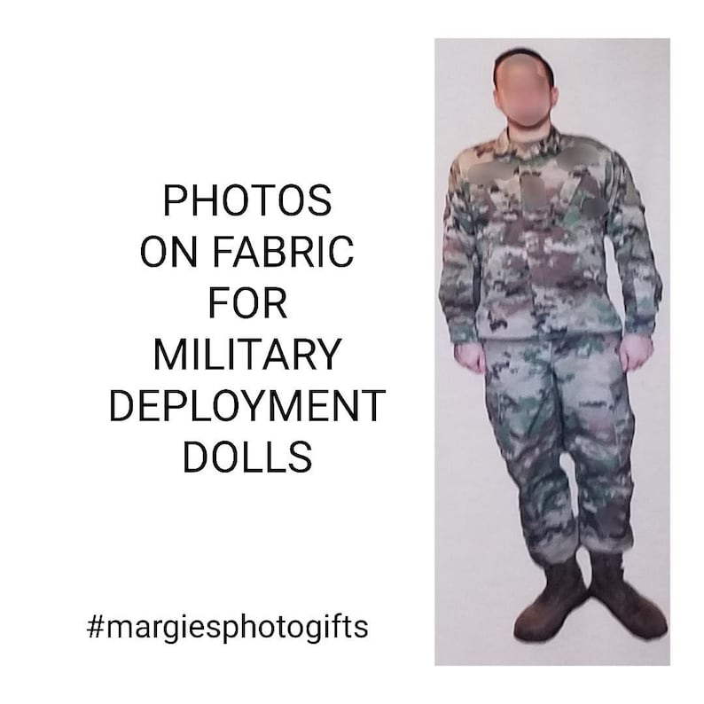 May include: Photos printed on fabric for military deployment dolls. The image shows a person wearing a camouflage uniform. The text "PHOTOS ON FABRIC FOR MILITARY DEPLOYMENT DOLLS" is written in black text on a white background. The hashtag "#margiesphotogifts" is written in black text on a white background.